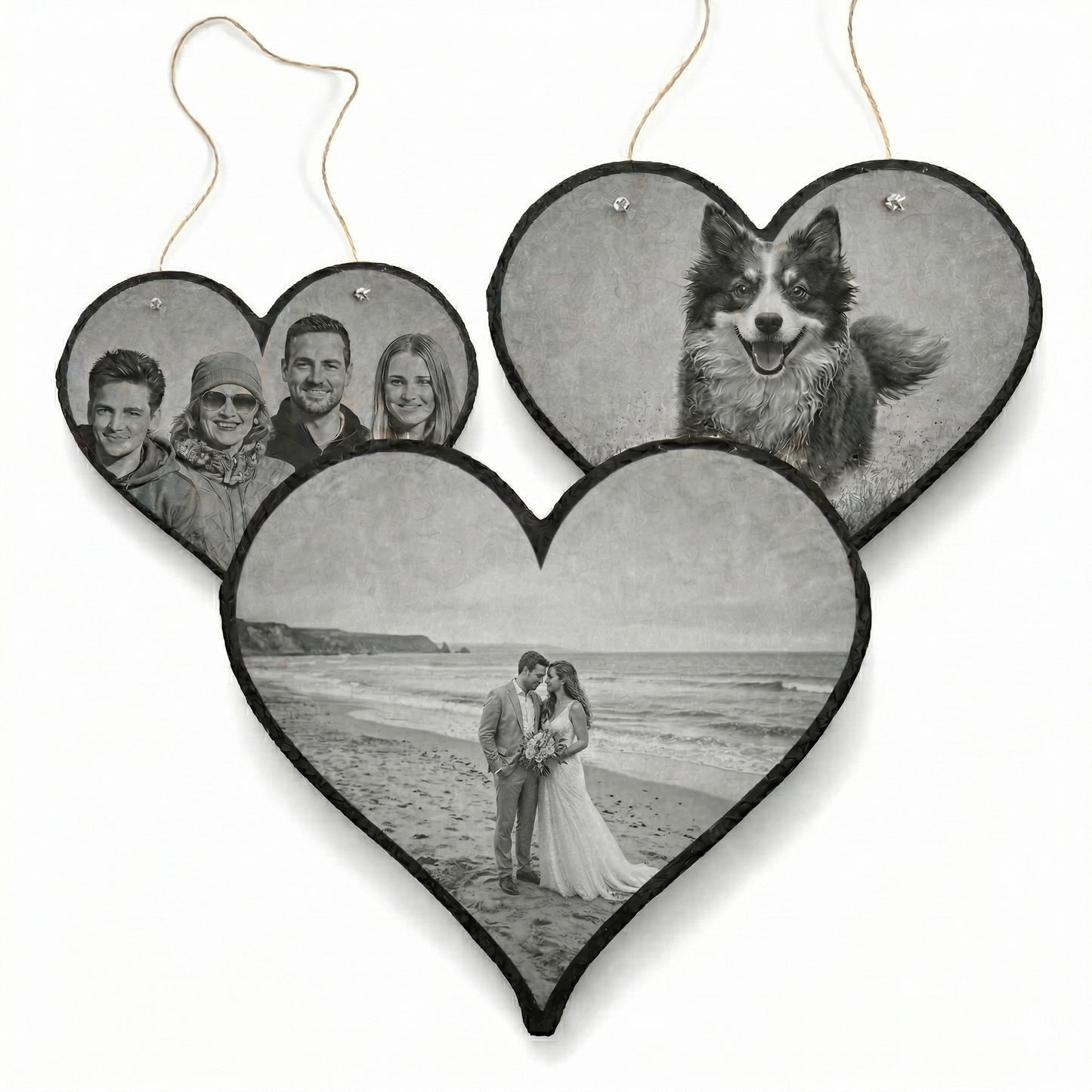 Herzförmige Schieferplatte mit personalisierter Fotogravur (15–27,5 cm) – individuelles Geschenk