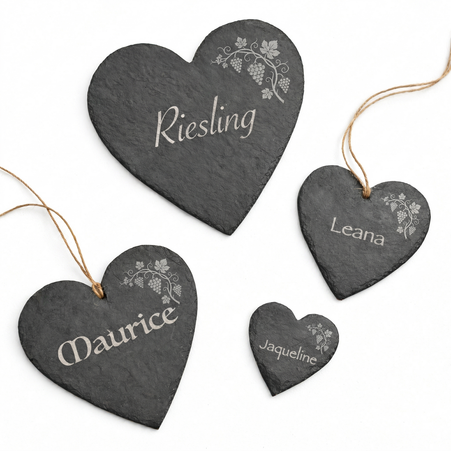 Schieferherz mit Weinrebe-Symbol (10–30 cm) – personalisierte Namensgravur als Geschenk