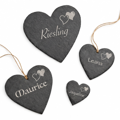 Schieferherz mit Doppelherz-Symbol (10–30 cm) – personalisierte Namensgravur als Geschenk