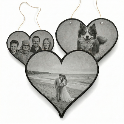 Herzförmige Schieferplatte mit personalisierter Fotogravur (15–27,5 cm) – individuelles Geschenk