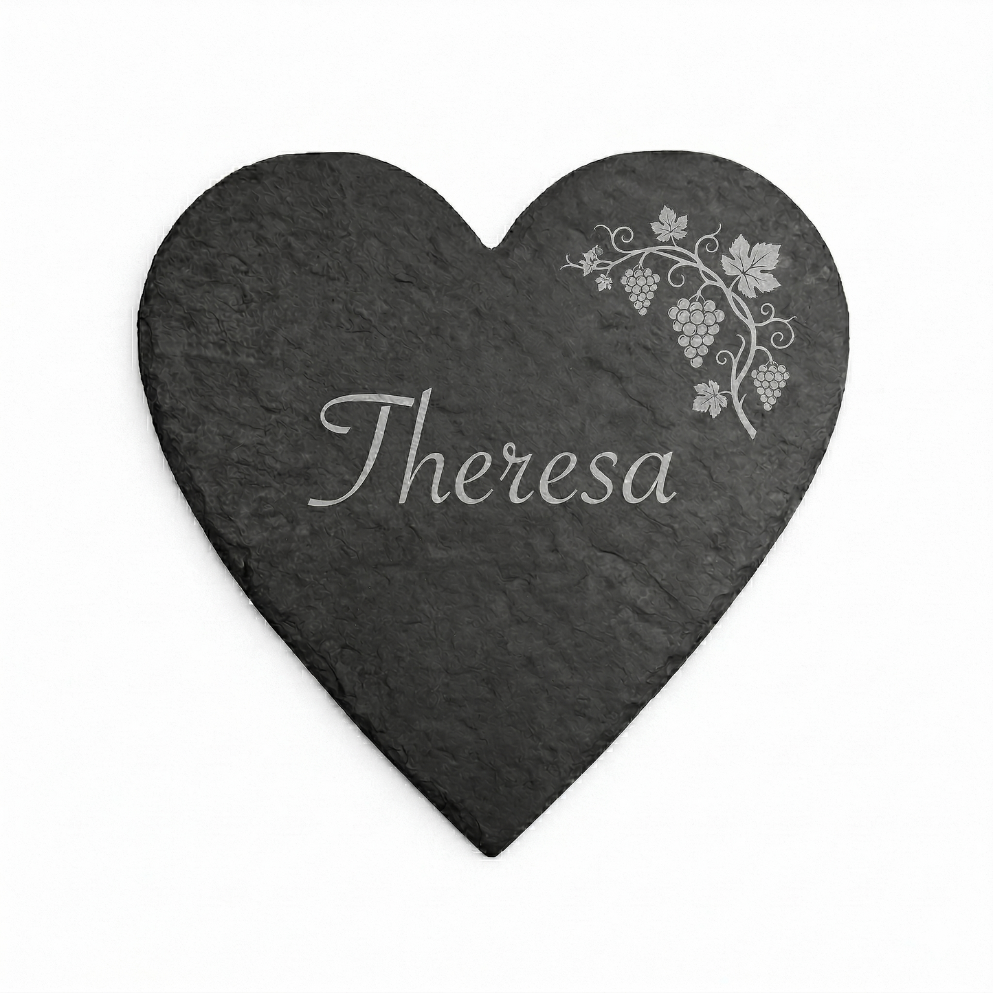 Schieferherz mit Weinrebe-Symbol (10–30 cm) – personalisierte Namensgravur als Geschenk