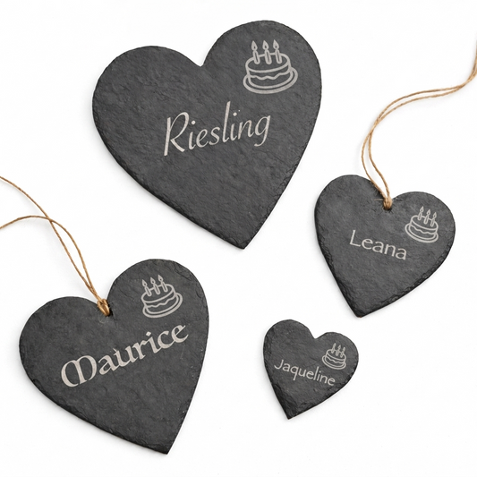 Schieferherz mit Geburtstags-Symbol (10–30 cm) – personalisierte Namensgravur als Geschenk