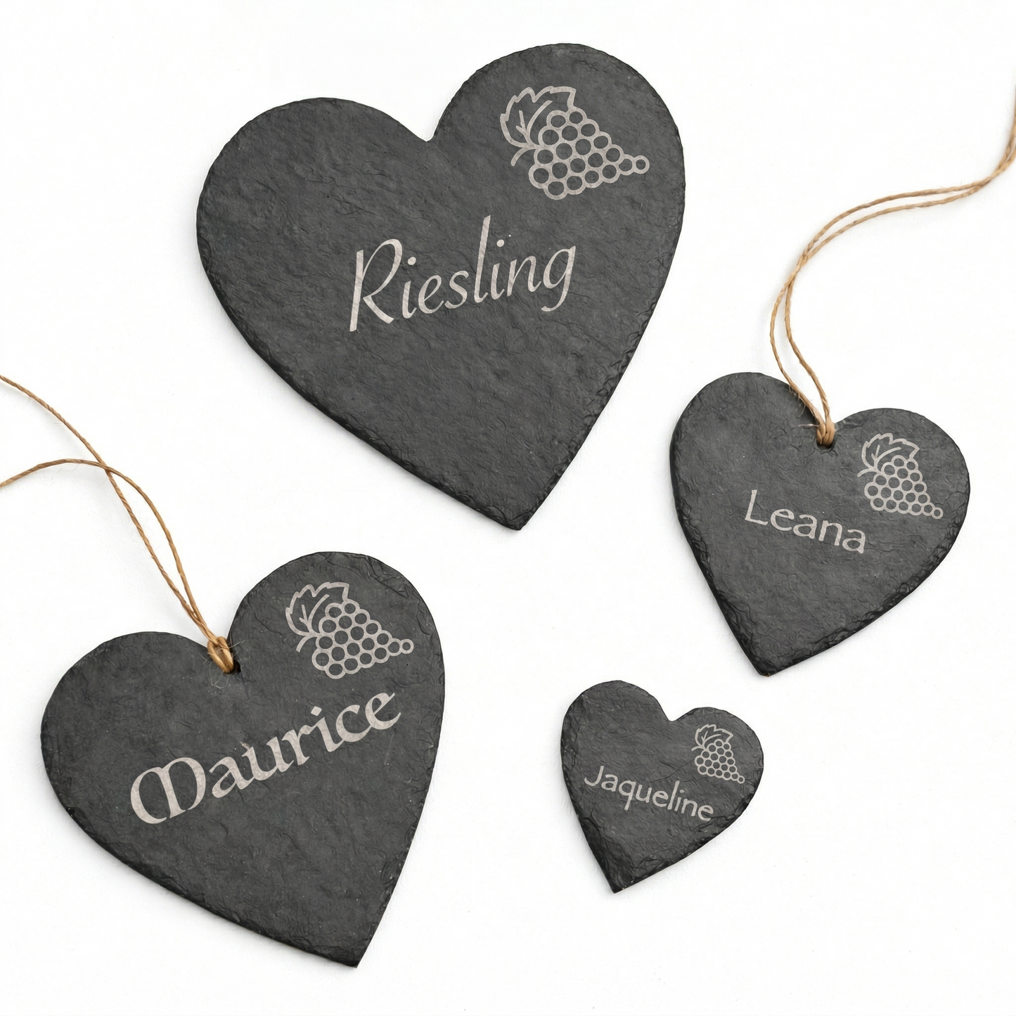 Schieferherz mit Weintraube-Symbol (10–30 cm) – personalisierte Namensgravur als Geschenk